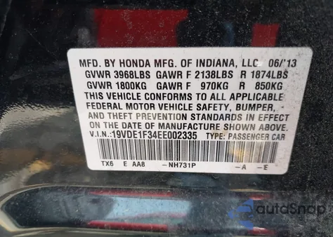 2014 Acura Ilx 2.0L из США, поврежденный, VIN 19VDE1F34EE002335